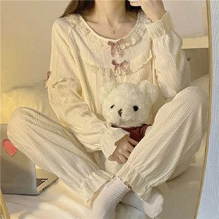 Đồ ngủ ren nữ xuân thu, công chúa, cổ rời tay dài, chất liệu sữa lụa có họa tiết, phù hợp cho cả nhà