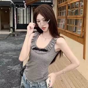 Áo Vest sọc cổ điển Hàn Quốc dành cho nữ Thiết kế mùa hè thon gọn hơn Áo thun mỏng vừa vặn