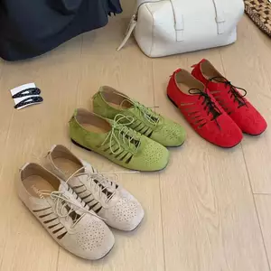 TT Rỗng Ren-Up Giày Đế Bằng Nữ Phù Hợp Với Giày Tập Luyện Đức Thoáng Khí Đế Mềm Ngón Chân Vuông Mờ Da Giày Thể Thao