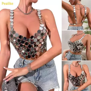 Pealike Nữ Acrylic Hình Học Kim Sa Lấp Lánh Crop Rỗng Backless Lễ Hội Ngực Dây Xích