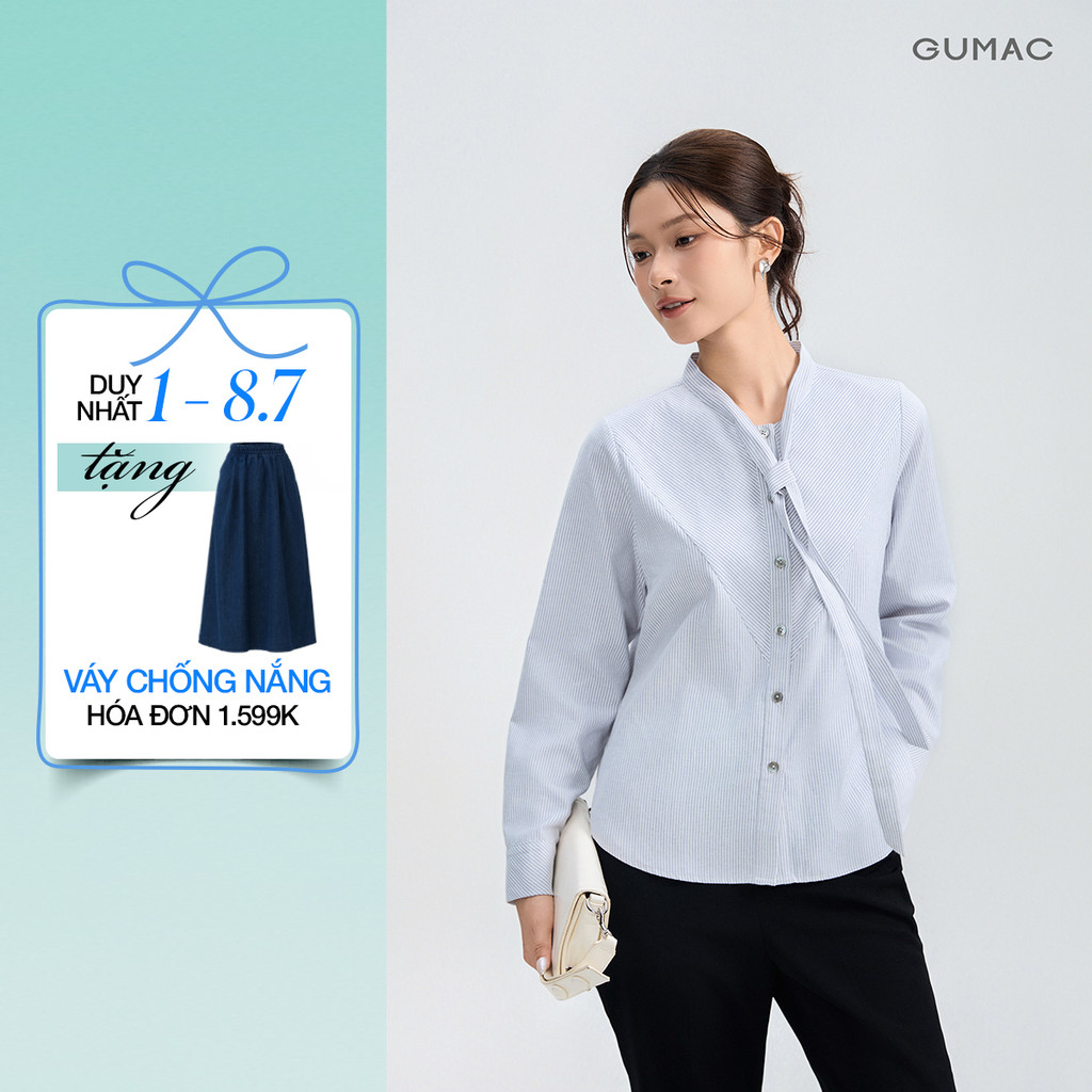 Áo Sơ Mi Nữ GUMAC Form Suông Phối Sọc Chéo Tay Dài Phối Bản Tay Tinh Tế AG05001