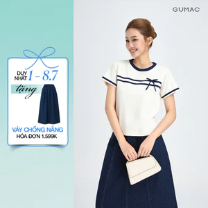 Áo Thun Nữ GUMAC Tay Ngắn Cổ Tròn Phối Bo Màu Đính Nơ Thanh Lịch LATF0423