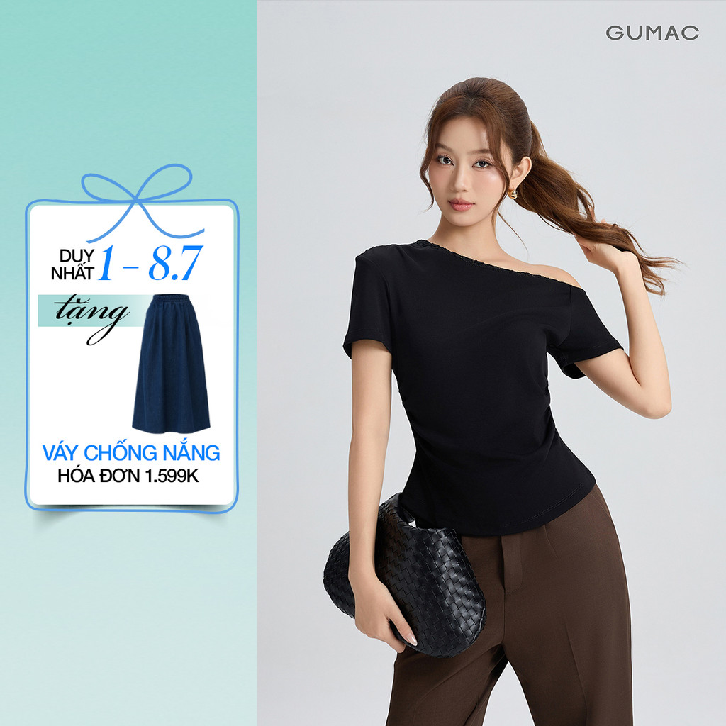 Áo Thun Kiểu Nữ Gmorning - GUMAC Trễ Vai Phối Ren Cùng Màu Nhún Hai Bên Sườn Tôn Dáng YATG06001
