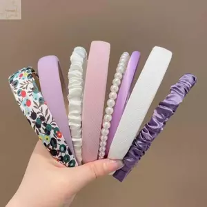 AWNGD 5 / 7 Băng đô kẻ sọc hoa, Băng đô thời trang màu trơn dễ thương ngọt ngào Hàn Quốc, Thiết kế xếp li kiểu Pháp Phụ kiện tóc nữ chống trượt Đa năng cho mùa hè