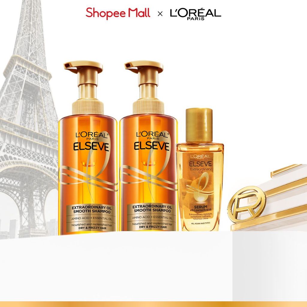 Bộ dầu gội & dưỡng tóc suôn mượt cao cấp L'Oreal Paris Extraordinary Oil Smooth 440ml & Elseve Extraordinary Oil 30ml