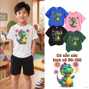 Áo cộc tay bé trai học sinh tiểu học mềm mại họa tiết khủng long Cho bé 2-12 tuổi