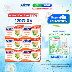 Combo 6 Xà phòng Aiken sạch khuẩn Ngừa Mụn Sáng Da chiết xuất Bạc Hà (120g x 6)