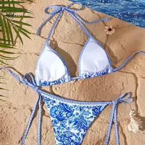 JULYHOT Xanh Trắng Sứ In Dây Tam Giác Hai Mảnh Bikini Nữ Đồ Bơi Riêng Biệt Mặc Đi Biển Điều Chỉnh Áo Tắm Ren Massivedeals