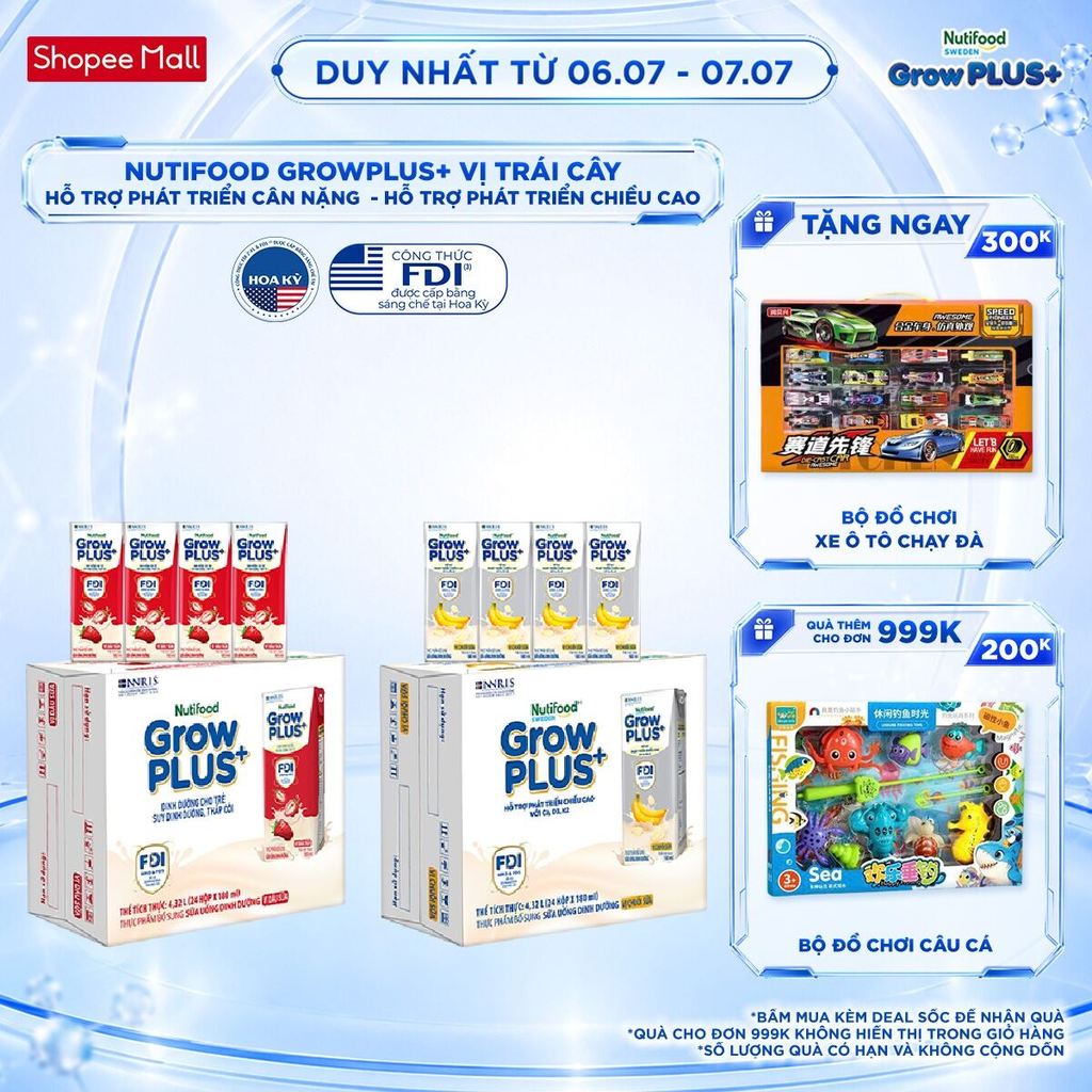 Combo 2 Thùng 24 hộp Sữa bột pha sẵn Nutifood Sweden GrowPLUS+ Vị Dâu 180ml & Vị Chuối 180ml