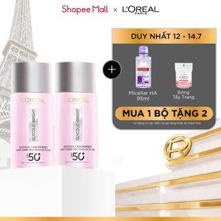 Bộ đôi sữa chống nắng phổ rộng mỏng bảo vệ da, dưỡng sáng mờ thâm nám Glycolic Bright L'Oreal Paris 50ml SPF50+ PA++++