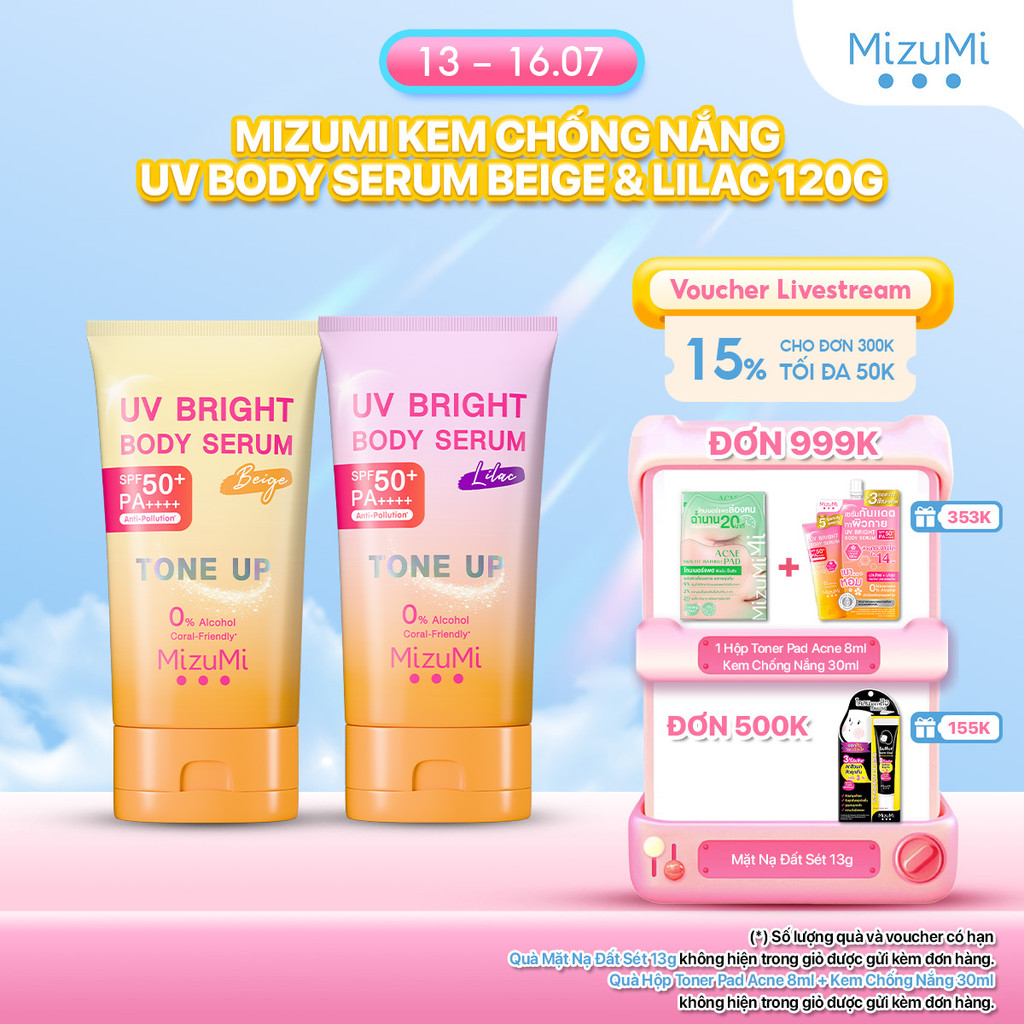 Kem chống nắng nâng tone MizuMi UV Bright Body Serum Tone Up Beige/ Lilac 120 ml