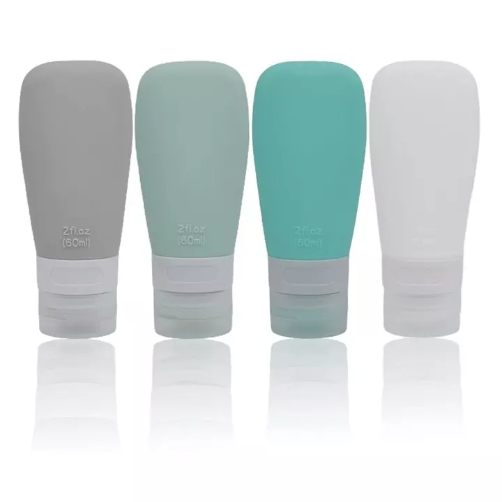Chai du lịch bằng silicon, Phụ kiện du lịch có thể bơm lại chống rò rỉ Hộp đựng đồ vệ sinh Kích thước du lịch Ống mỹ phẩm cho chất lỏng xà phòng dưỡng ẩm dầu gội (2oz Xám / xanh / trắng / gr