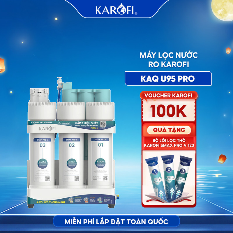 [TẶNG BỘ LÕI] Máy lọc nước để gầm Karofi KAQ-U95 Pro - 10 lõi, Aiotec, RO Mỹ 100GPD, Lắp miễn phí