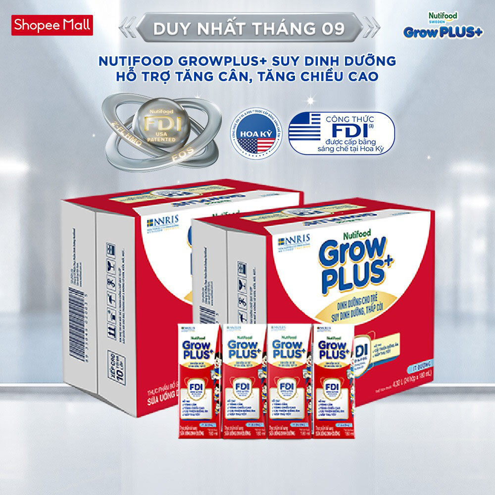 Thùng SBPS Nutifood GrowPLUS+ ít đường Suy Dinh Dưỡng - Tăng Cân, Tăng Chiều Cao (48 Hộp x 180ml) (Bao bì tùy lô hàng)
