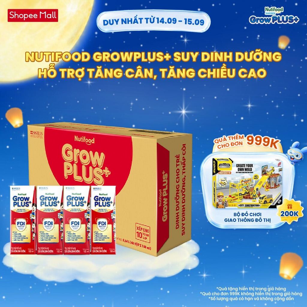 Thùng SBPS Nutifood GrowPLUS+ Đỏ (Suy Dinh Dưỡng) - Tăng Cân, Tăng Chiều Cao (48 Hộp x 180ml) (Bao bì tùy lô hàng)