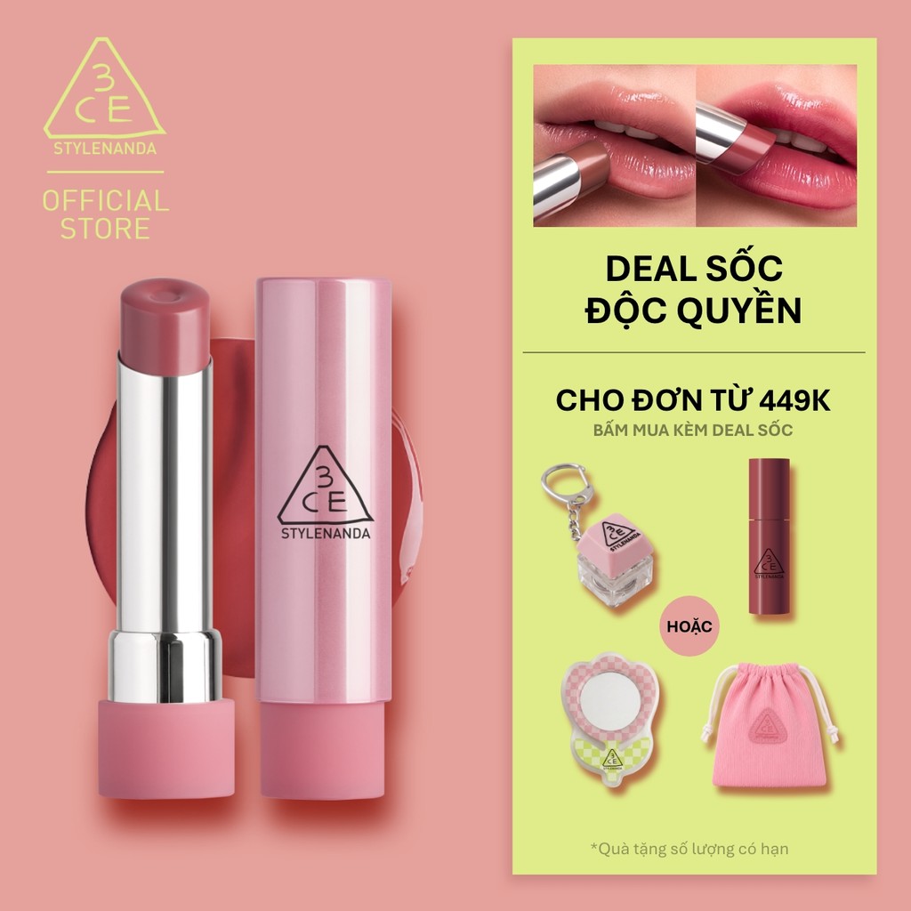Son Bóng 3CE Glazy Lip Glow Dưỡng Môi Căng Mọng, Mềm Mịn, Lên Màu Chuẩn Sắc, Không Bết Dính, Tự Nhiên
