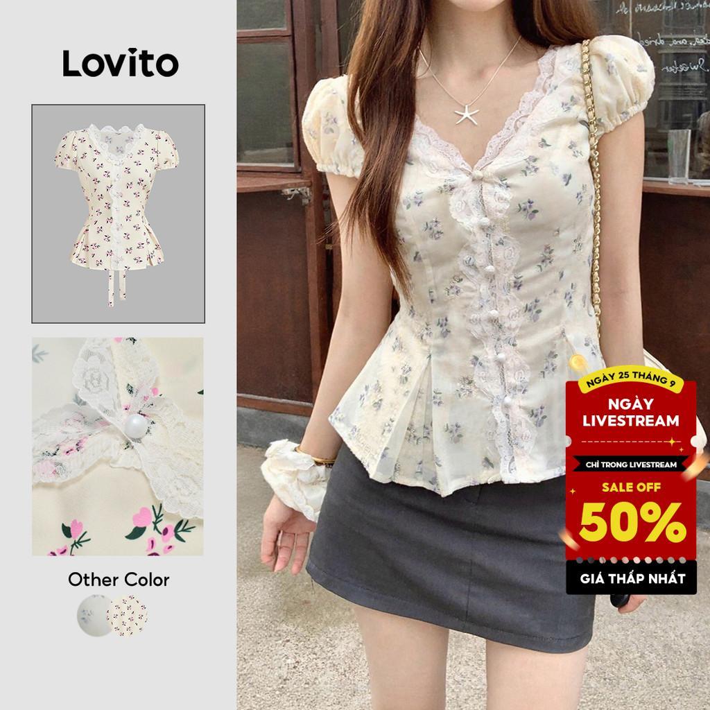 Lovito Phong cách thường ngày Áo sơ mi ren dễ thương có nút phía trước phù hợp cho mùa xuân/hè dành cho phụ nữ L154ED1015