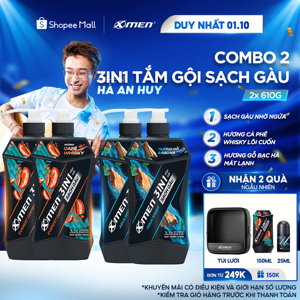 [MỚI] Combo 2 Tắm Gội Sạch Gàu 3in1 Xmen Everest Coffee & Aqua Sport 610g/chai, Sạch Gàu-Nhờn-Ngứa, Mùi Hương Nam Tính