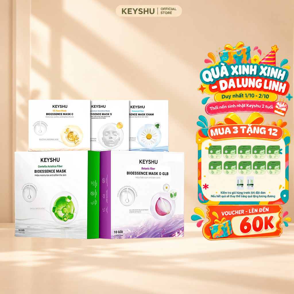 [TẶNG 1 HỘP] Combo 3 Hộp Mặt Nạ KEYSHU Hỗ Trợ Dưỡng Ẩm Và Làm Dịu Da (Rau Má, Hành Tím, Vitamin C, Hoa Cúc...)