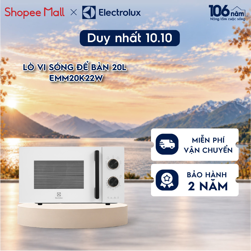 Lò vi sóng 20L Electrolux EMM20K22W 800w - 5 chương trình nấu, rã đông, hâm nóng nhanh