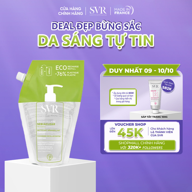 [ĐƠN 800K TẶNG QUÀ] Nước tẩy trang sạch sâu loại bỏ dầu nhờn SVR Sebiaclear Eau Micellaire 400ml Refill
