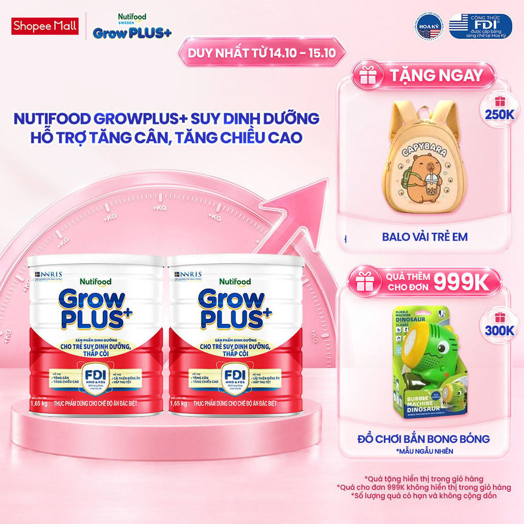 Combo 2 Sữa bột Nutifood GrowPLUS+ Suy Dinh Dưỡng (Đỏ) 1+ - Tăng Cân, Tăng Chiều Cao (2 Lon 1,65 Kg)