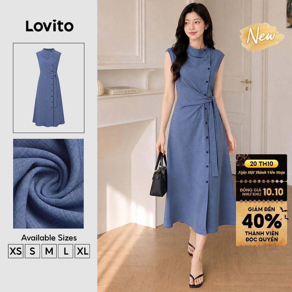 (New Arrival) Lovito Đầm nữ màu Xanh dương dáng chữ a dài Thanh lịch nút cài lệch mặc đi làm công sở mùa xuân hè DRB206TD071