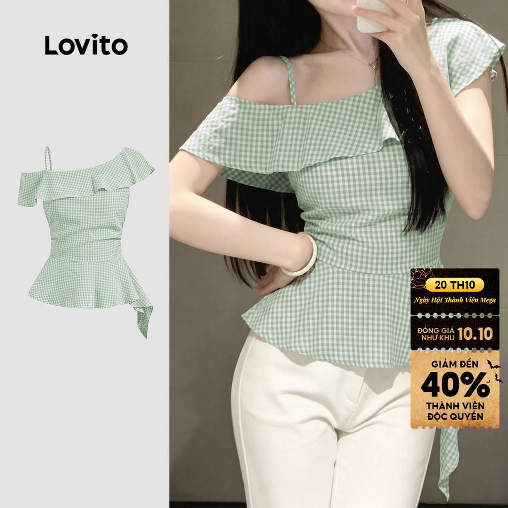 Lovito Áo kiểu nữ xanh lá nhạt thời trang xuân hè xếp nếp bất đối xứng thanh lịch LK7ED1339