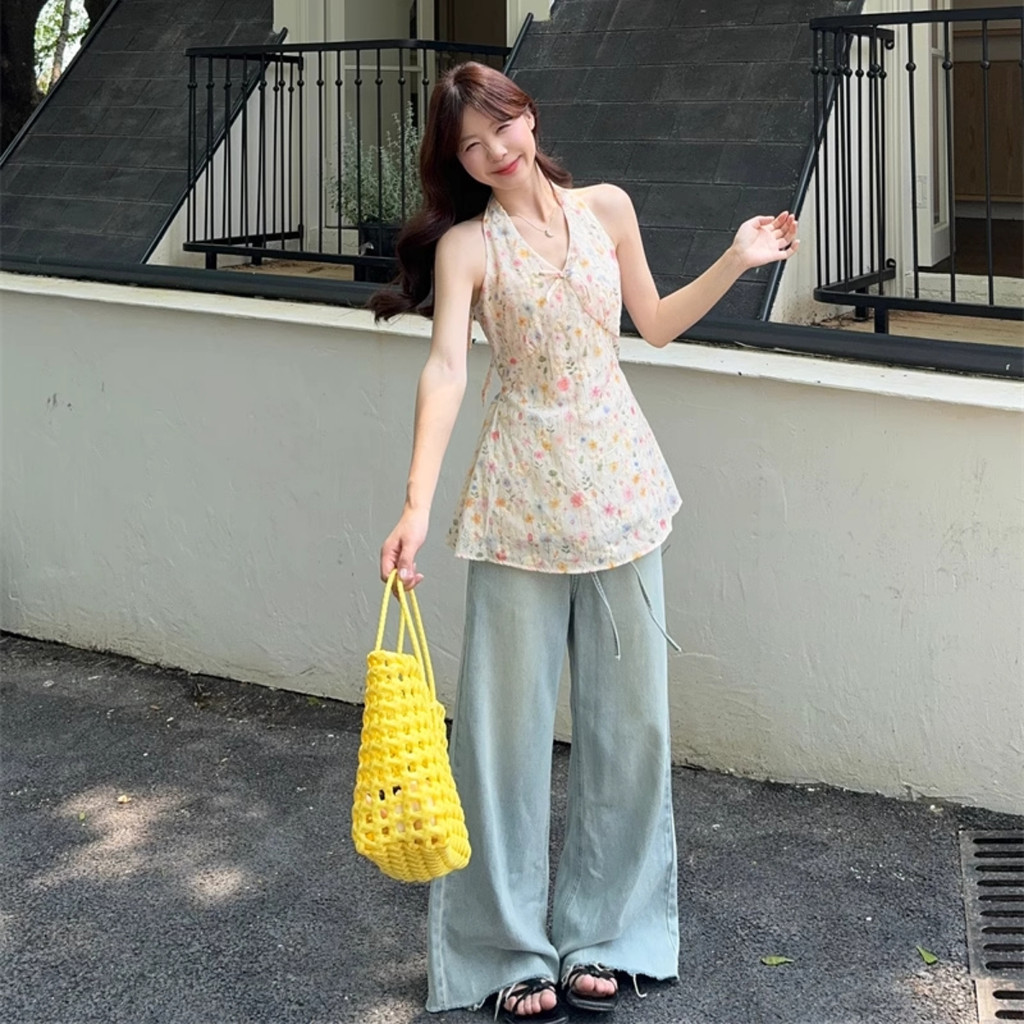 Áo Cổ Yếm Nữ BABEE Cổ V Cột Nơ Kiểu Họa Tiết Hoa Nhí Xinh Xắn Gợi Cảm Sang Trọng Quyến Rũ