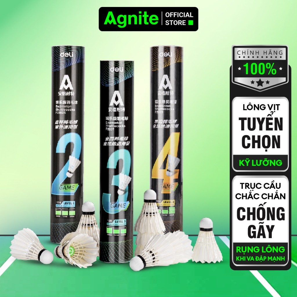 Quả cầu lông Agnite chính hãng, ống cầu 12 quả cầu lông vũ siêu bền, chịu va đập tốt