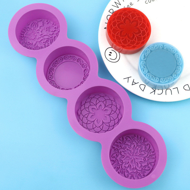 4 Khoang Hoa Văn Tròn Khuôn Silicon DIY Handmade Xà Phòng Khuôn Thơm Thạch Cao Khuôn Bánh Mousse Món Tráng Miệng Khuôn Nướng Bánh- * --