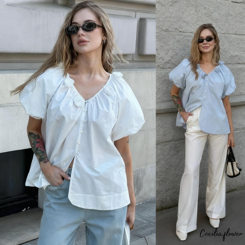 ÁoCropTop cổ chữ V phong cách Hàn Quốc, tay bồng ngắn, họa tiết hoa, dáng rộng tiện lợi cho hàng ngày