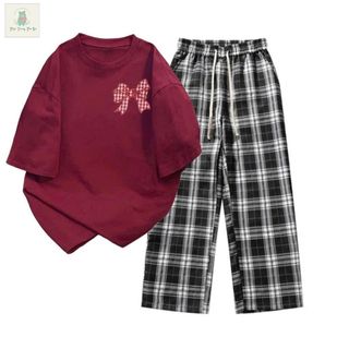 Tổng hợp các sét bộ quần caro đen+mix áo phông form rộng -hình NƠ  KẺ CARO ĐỎ-thubaquanao