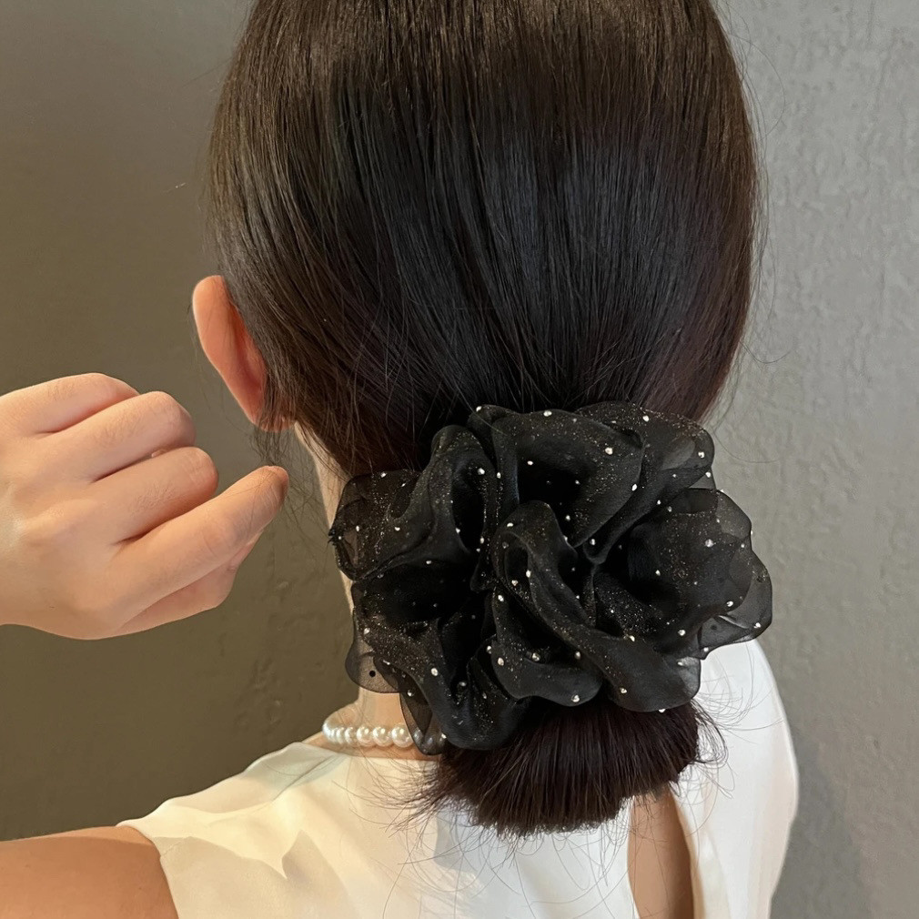 Nhẫn tóc phong cách Hàn Quốc, thiết kế lưới màu đen retro thanh lịch