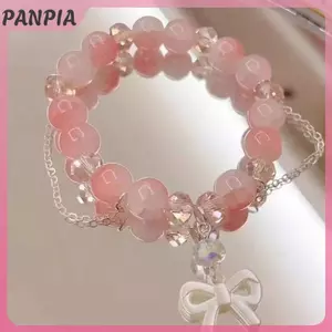 Vòng tay hạt hồng pha lê thời trang cho nữ và bé gái - Owknot mặt đá quý
