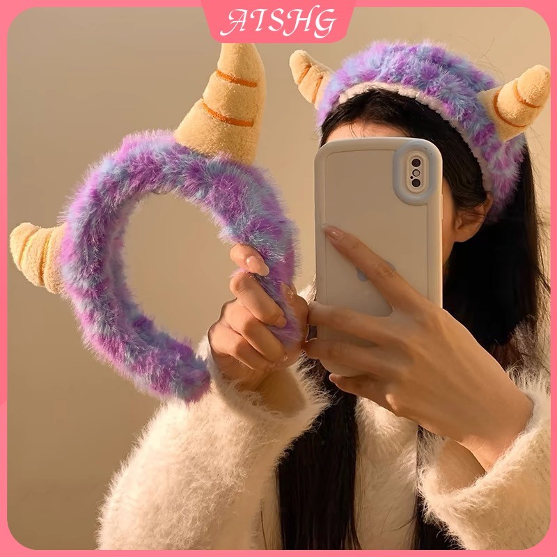 AISHG Tím Sang Trọng Ngộ nghĩnh Băng Đô Dễ Thương Bò Sừng Quái Vật Rửa Mặt Tóc Phụ Kiện Tóc