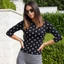 MAPLEPOET-Áo crop top 3 / 4 tay cổ tròn in họa tiết chấm cổ điển Áo thun mỏng vừa vặn
