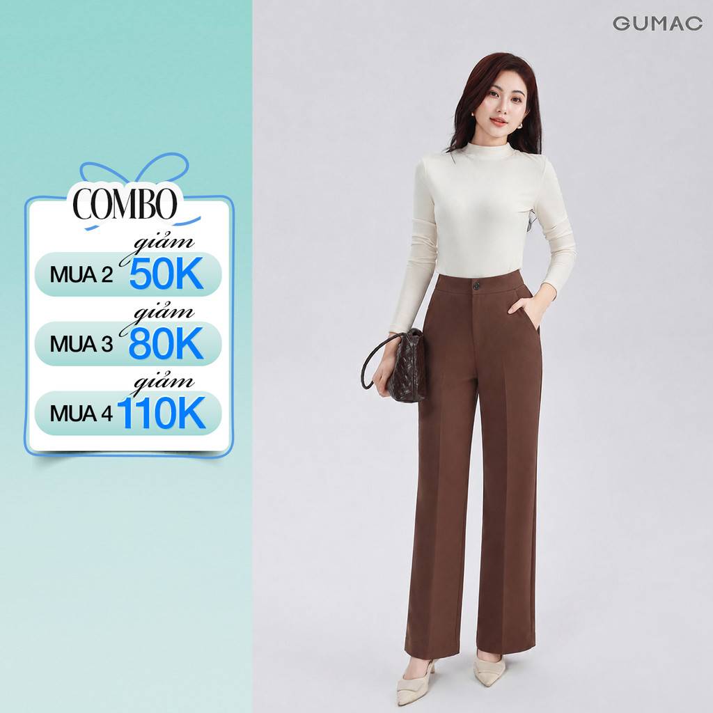 Quần Ống Suông Nữ 96cm GUMAC Quần Tây Công Sở Lưng Cao Vải Tuyết Mưa Cạp Cao Tôn Dáng LQF0415