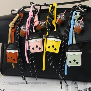 Sáng Tạo Mới Trà Sữa Mặt Dây Chuyền pu Da Dễ Thương Túi Charm Móc Khóa