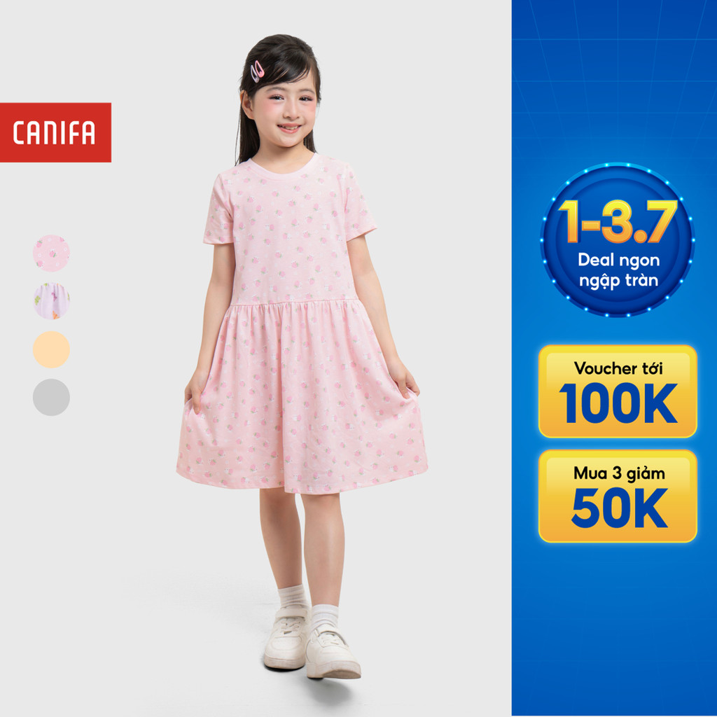 Váy liền bé gái CANIFA ngắn tay cổ tròn có hình in 1DS26S002