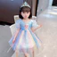 ✿ Bé Gái Cầu Vồng Đầm Công Chúa Sheer Puff Tay Đầy Sao Lưới Tutu Váy Trẻ Em Mùa Hè Ngày Lễ Áo Choàng