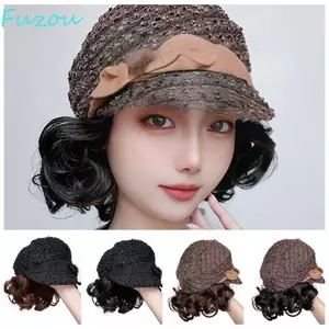 FUJIOU Tóc Giả Mũ Xoăn Ngắn, Phong Cách Hàn Quốc Tổng Hợp Nữ Mẹ Mũ Có Tóc Giả, Fasion Giả Lông Tơ Vô Hình Billycock Sóng Bob Tóc Giả Nữ