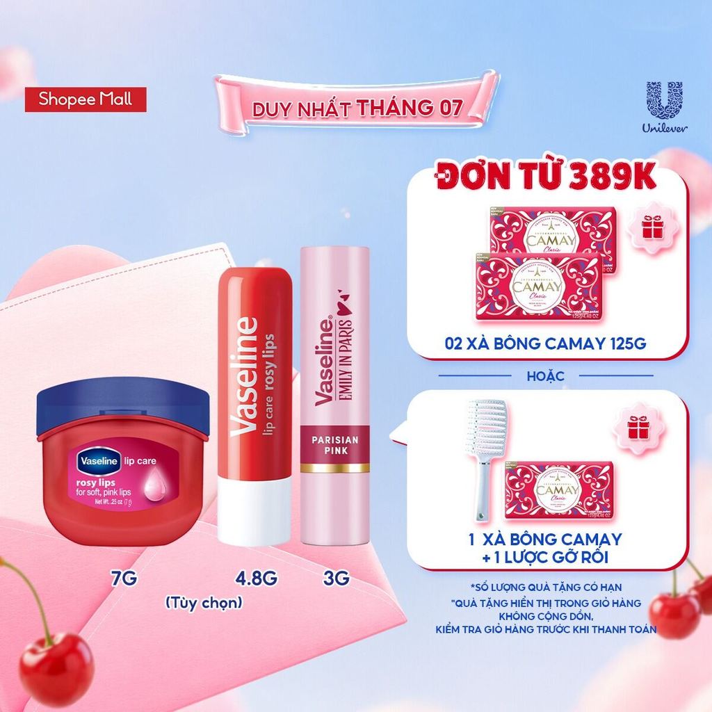 Combo son môi Vaseline Hot gồm: Son dưỡng dạng thỏi 4.8g và Sáp dưỡng hũ 7g và Son màu Emily In Paris 3g (Tuỳ chọn)