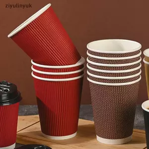 Ziyulinyuk 25 Cái / bộ 8oz Cốc Cà Phê Giấy Cách Nhiệt Tường Đôi Cốc Cà Phê Có Nắp Sọc Dùng Một Lần Cốc Giấy Di Động VN