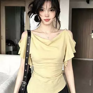 Phong cách Hàn Quốc Hot Girl Pure Desire Cổ áo xù xì lệch vai nữ mùa hè xếp li không đều Nar