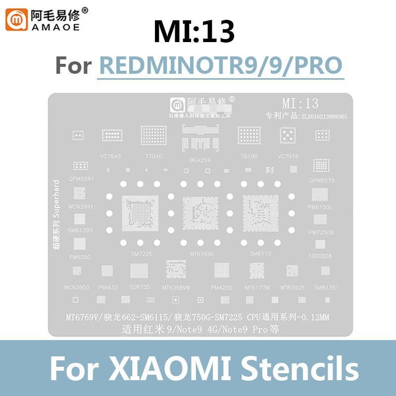 0.12mm Amao MI: 13 Reballing stencil cho RedMI 9 Note9 4G Note 9 Pro CPu MT6769V 622-SM6115 750G-SM7225 cây nến dày 0,12mm