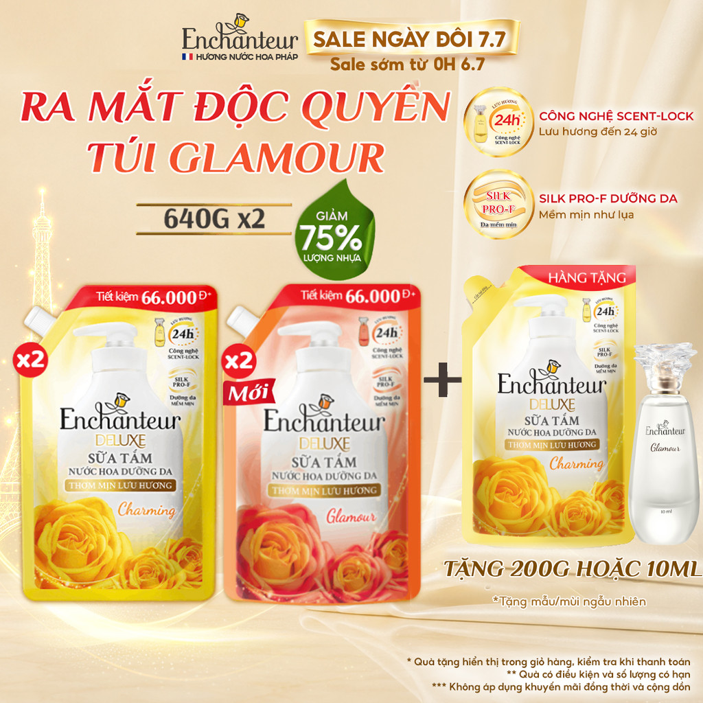 [TIẾT KIỆM 132K] Combo 2 Túi Refill Sữa Tắm Nước Hoa Dưỡng Da Thơm Mịn Lưu Hương Enchanteur 640g x2