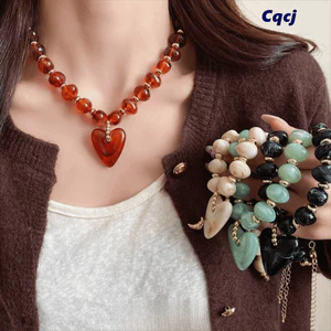 CQCJ Đính Hạt Vòng Cổ, Acrylic Có Thể Điều Chỉnh Trái Tim Mặt Dây Chuyền Vòng Cổ, Phong Cách Bohemian Hạt Mặt Dây Chuyền Trang Sức Nữ