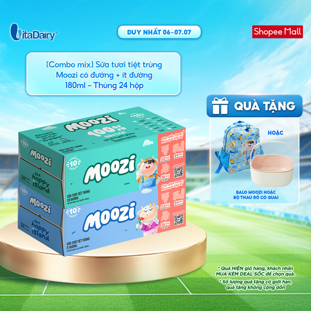 [Combo mix] Sữa tươi tiệt trùng Moozi có đường + ít đường 180ml