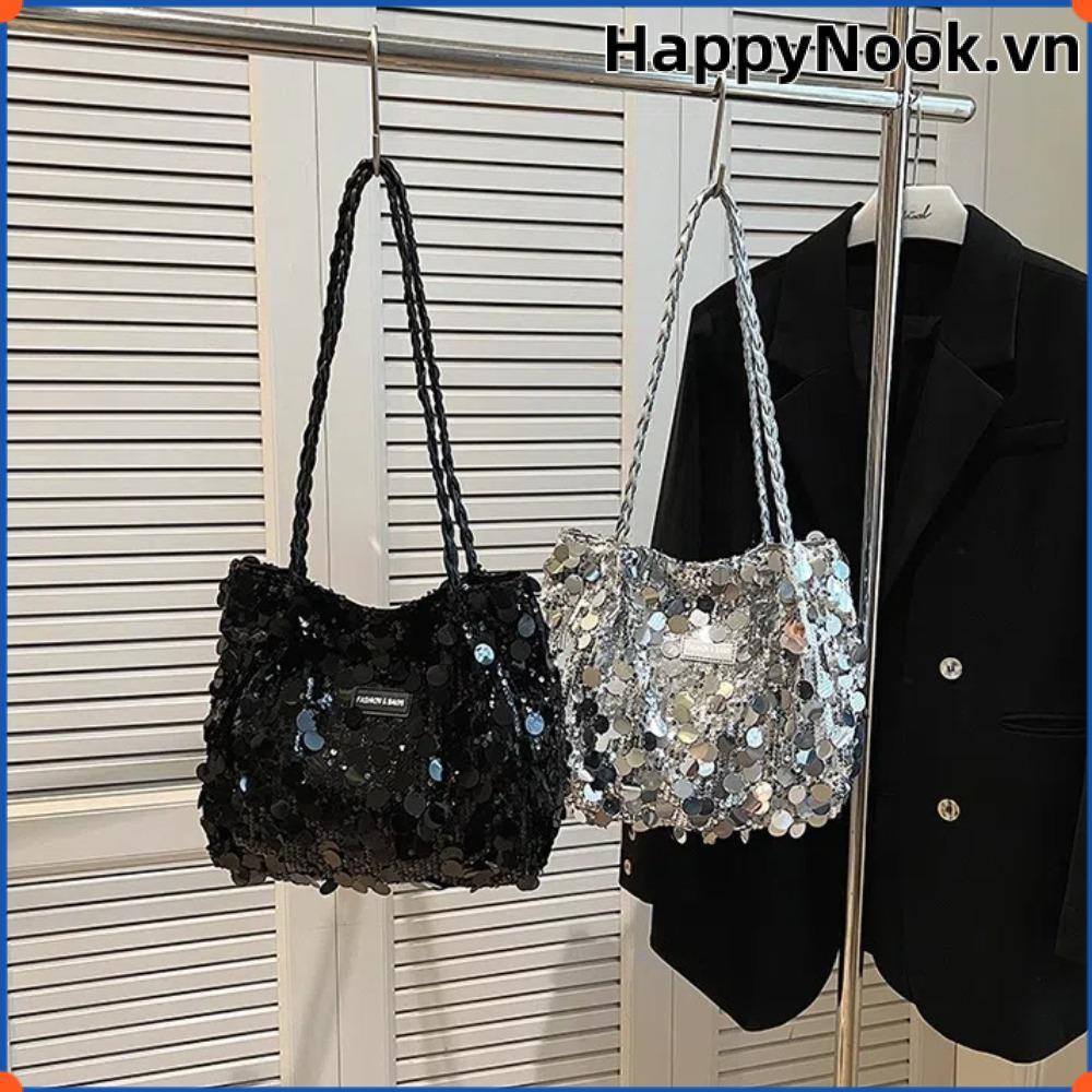 Túi Tote HAPPYNOOK, Túi Đeo Vai Màu Trơn Lấp Lánh, Dây Kéo Đóng Cửa Túi Xách Thời Trang Dung Tích Lớn Nữ